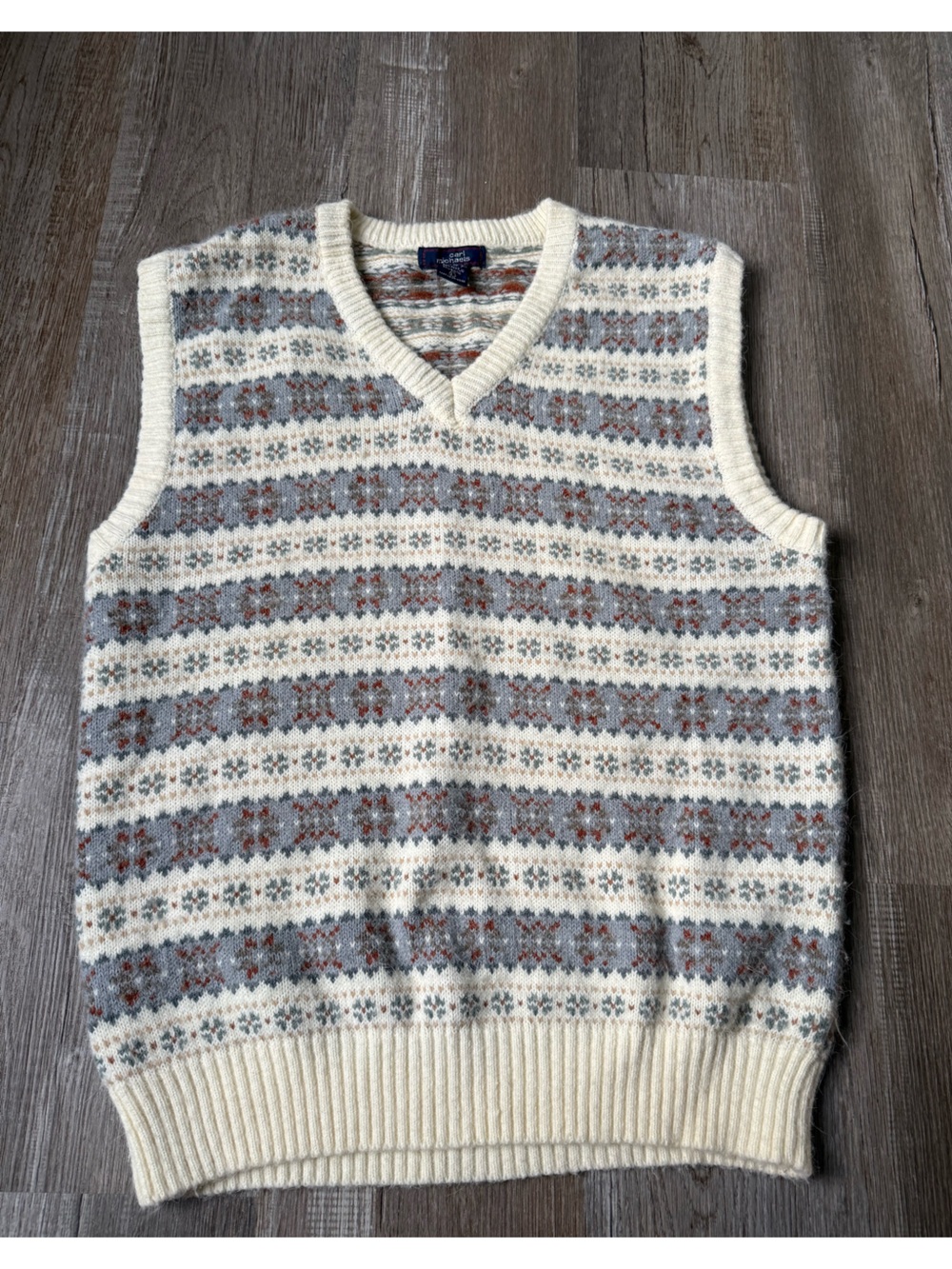 VTG CARL MICHAELS Fair Isle Knit Sweater Vest Pattern Beige Multi Color Size L